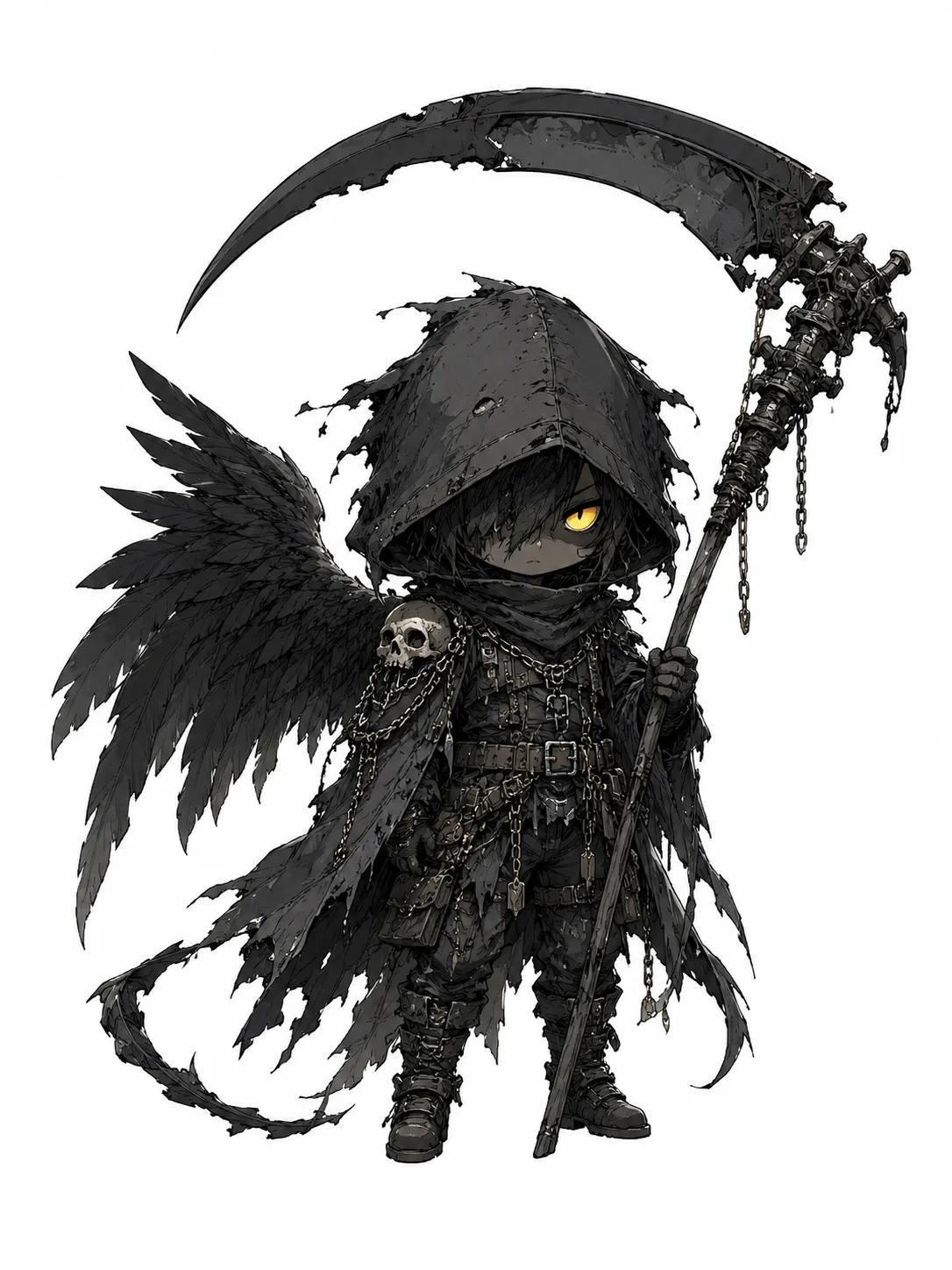 黒いローブと鎌を持つ小さな死神