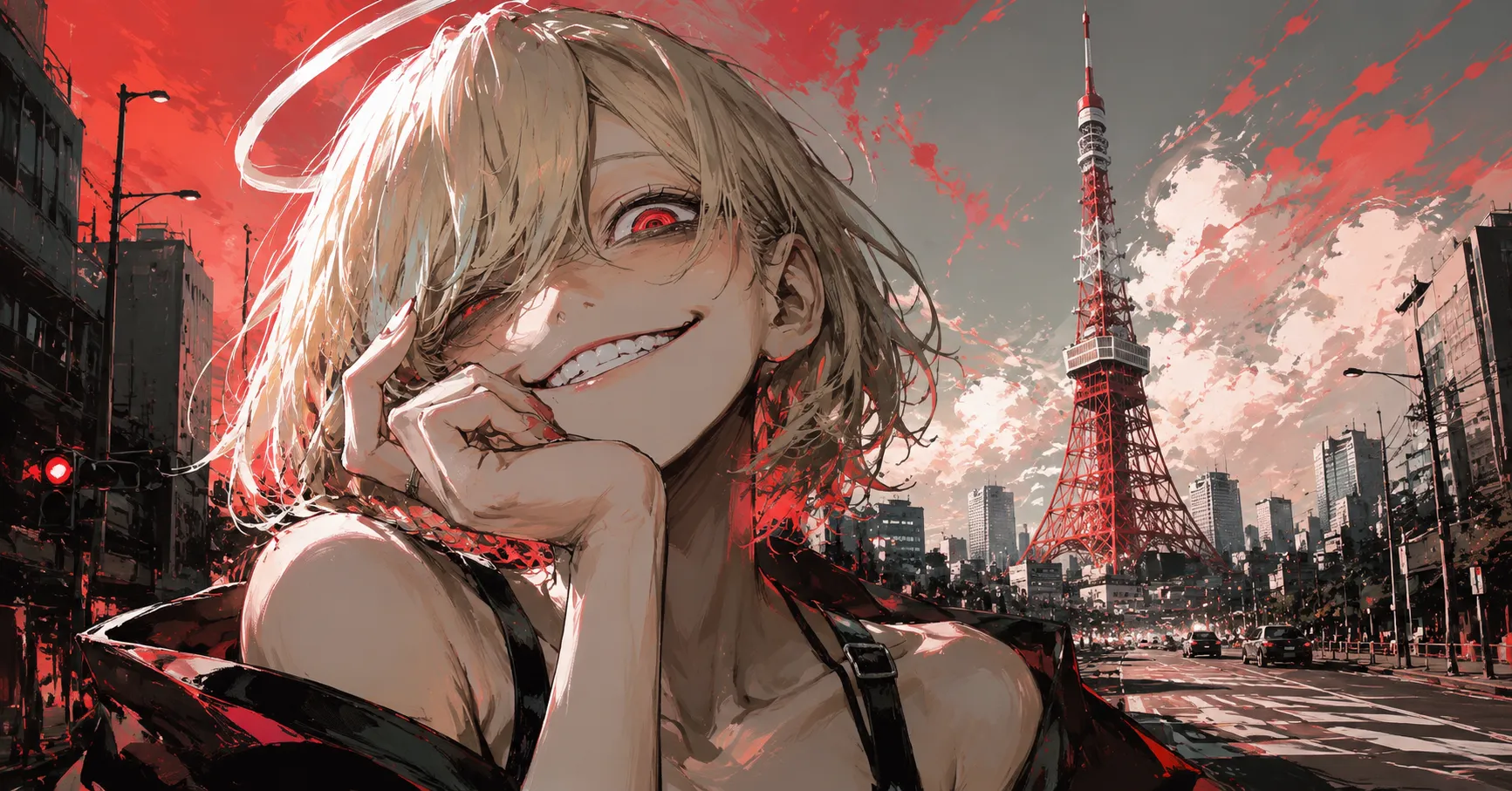 赤い塔を背景にした白髪の少女