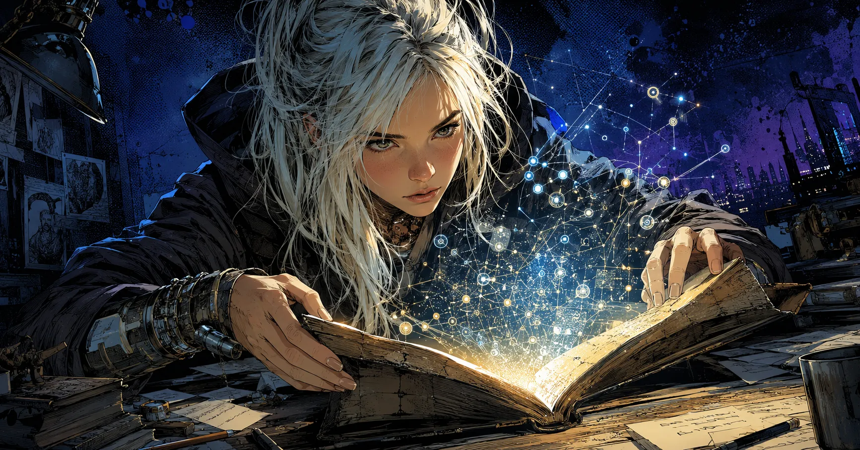 光る本を読む白髪の女性