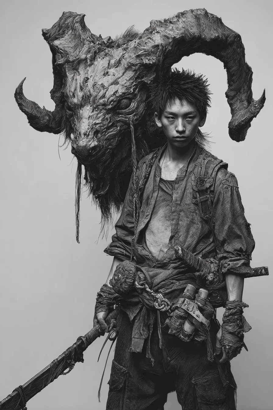 巨大な角と武器を背負うモノクロの戦士