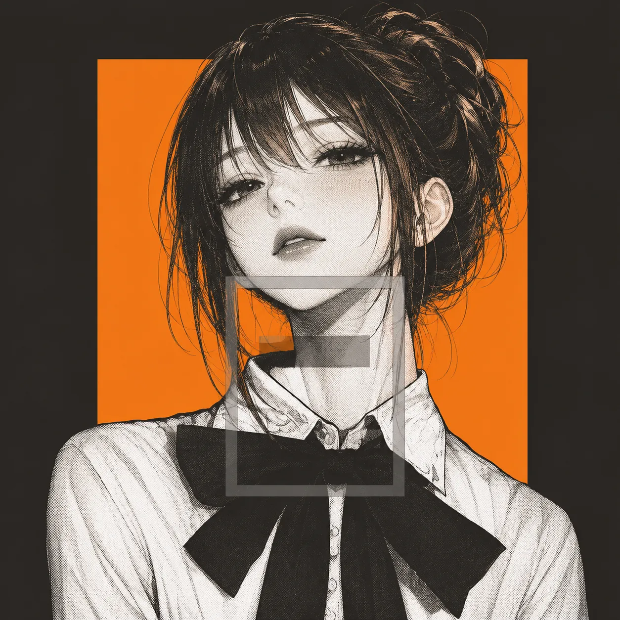 オレンジの背景に黒髪の女性をモノクロ調で描く