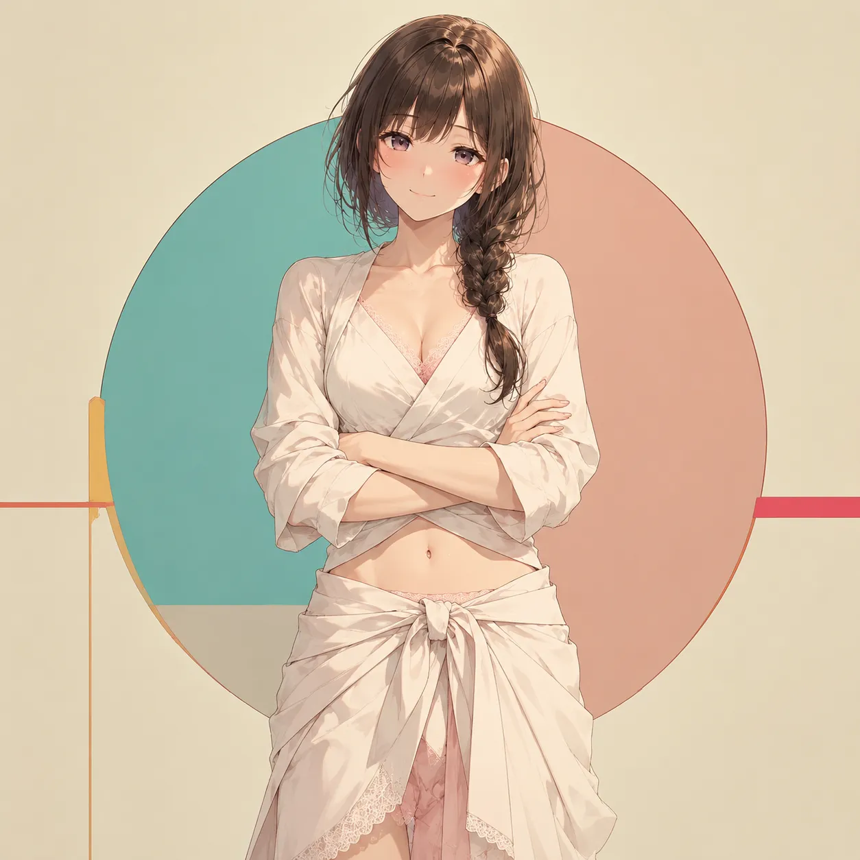 淡い円形背景の前で白い服の女性が腕を組む