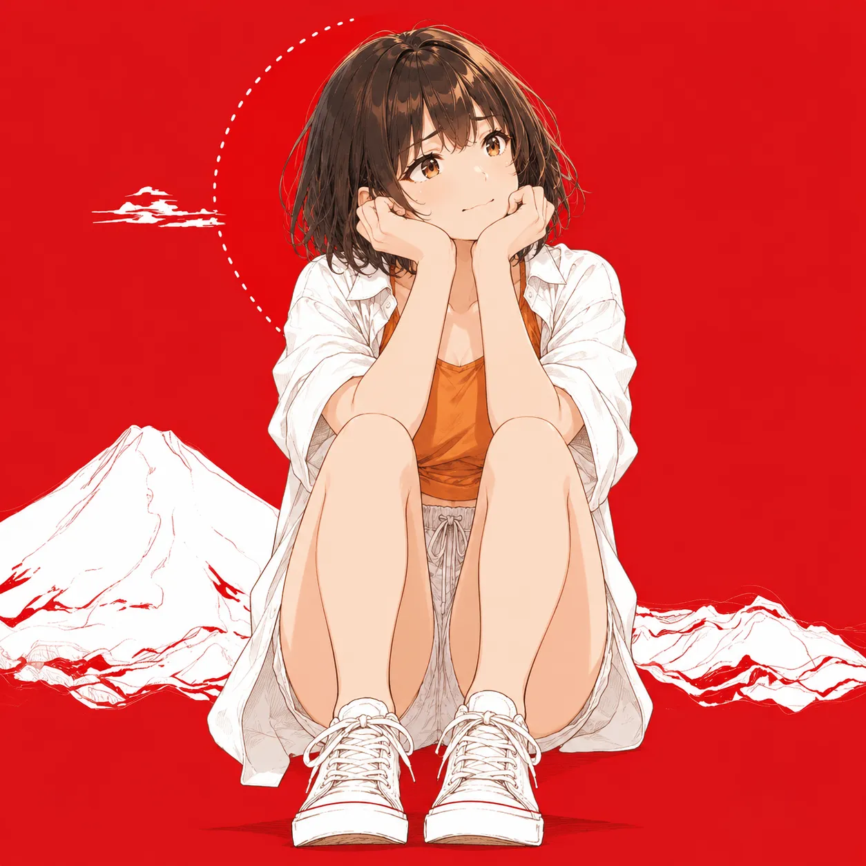 赤い背景と白い山の前で座る女性キャラクター