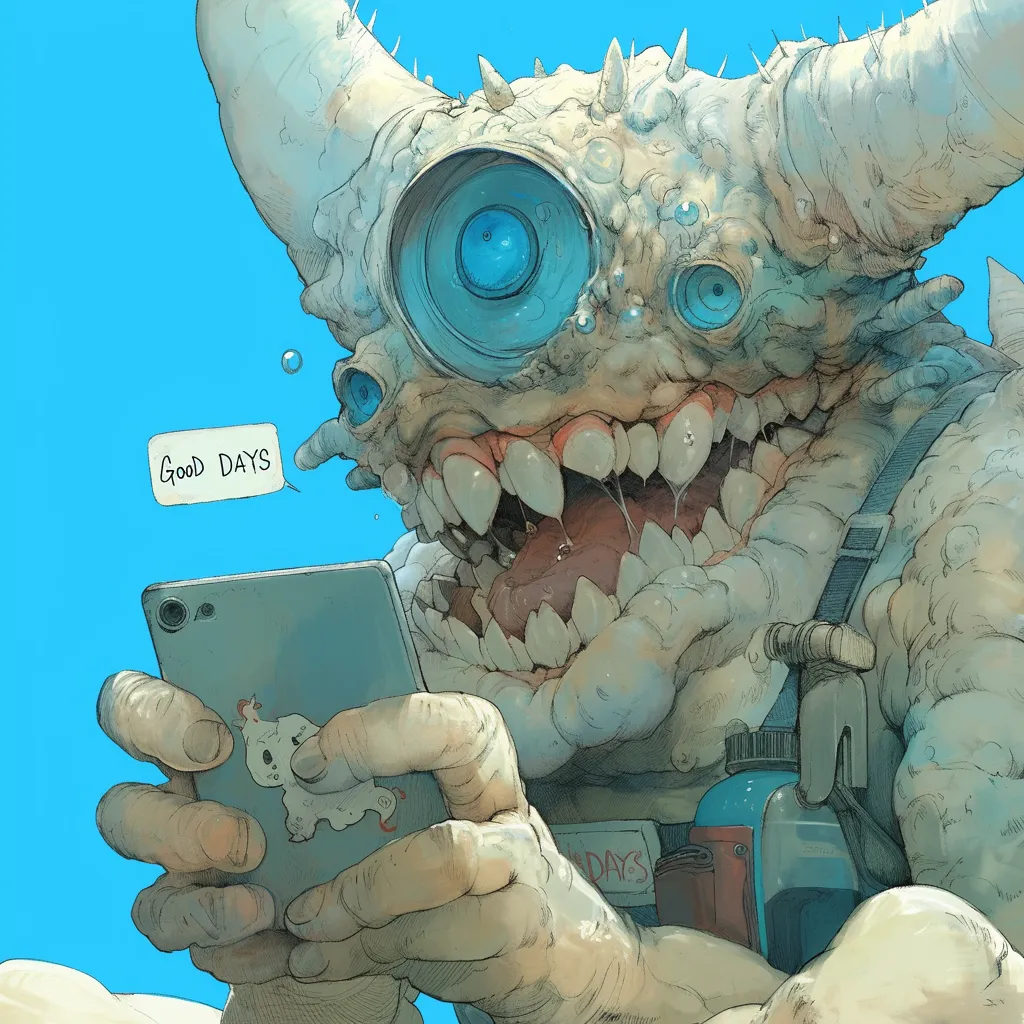 青い背景でスマートフォンを操作する角のあるドラゴン