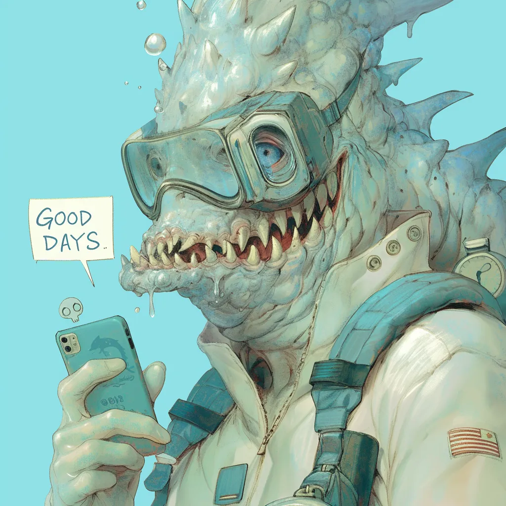 水色のドラゴンがスマートフォンを持つ