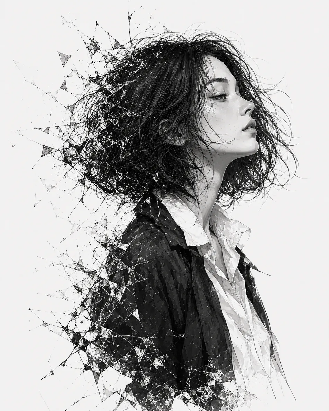 墨線とにじみで描かれた女性の横顔