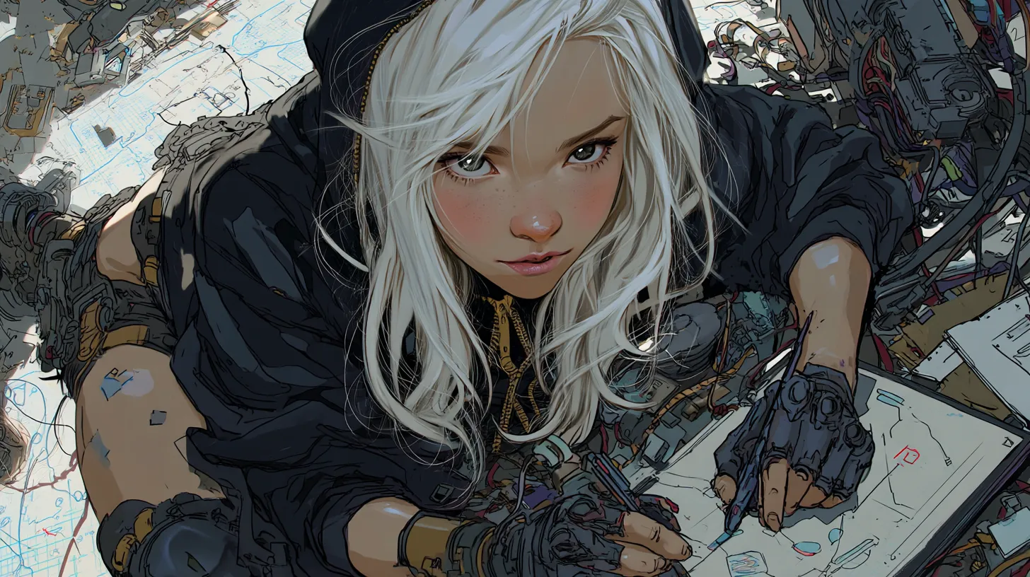 人形を抱えた白髪の少女のコミックイラスト