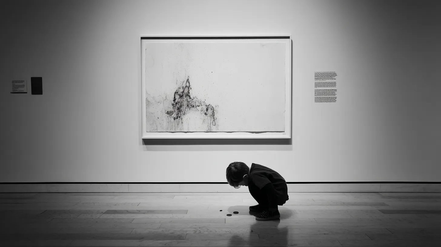 大きな額装作品の前でしゃがむ鑑賞者