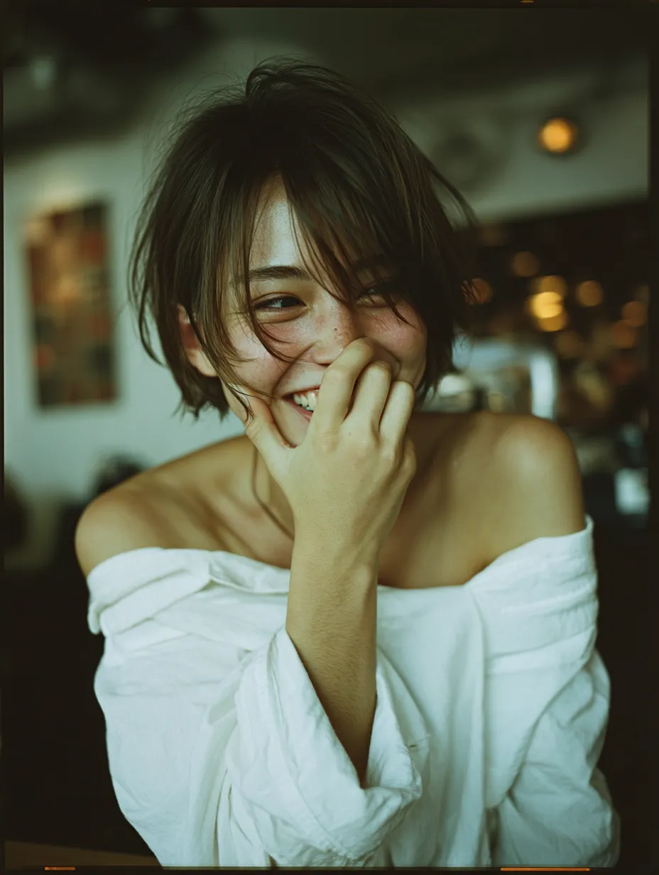 白い服で口元を隠して笑う若い女性