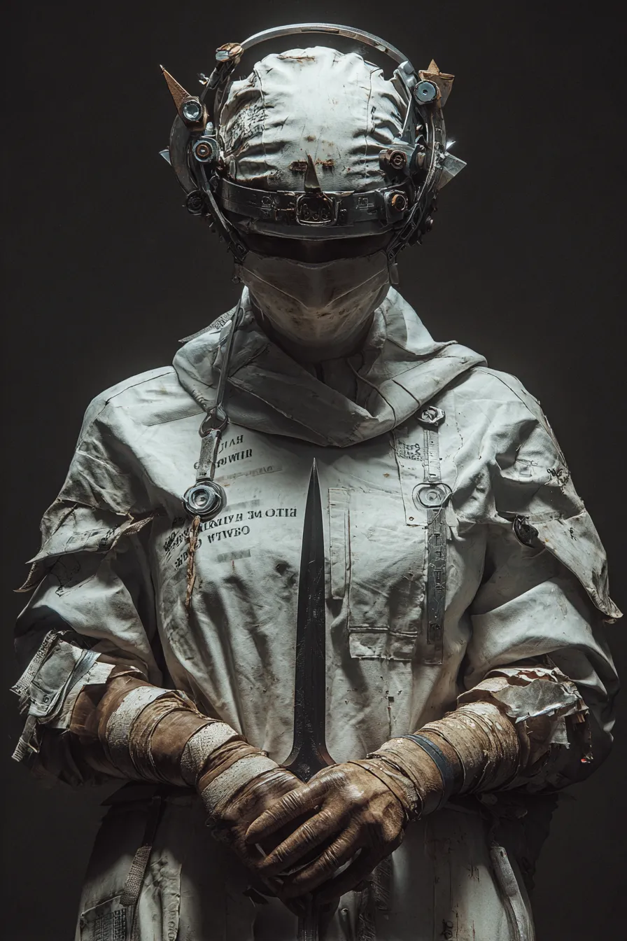 白い拘束衣と閉じたヘルメットを着た人物