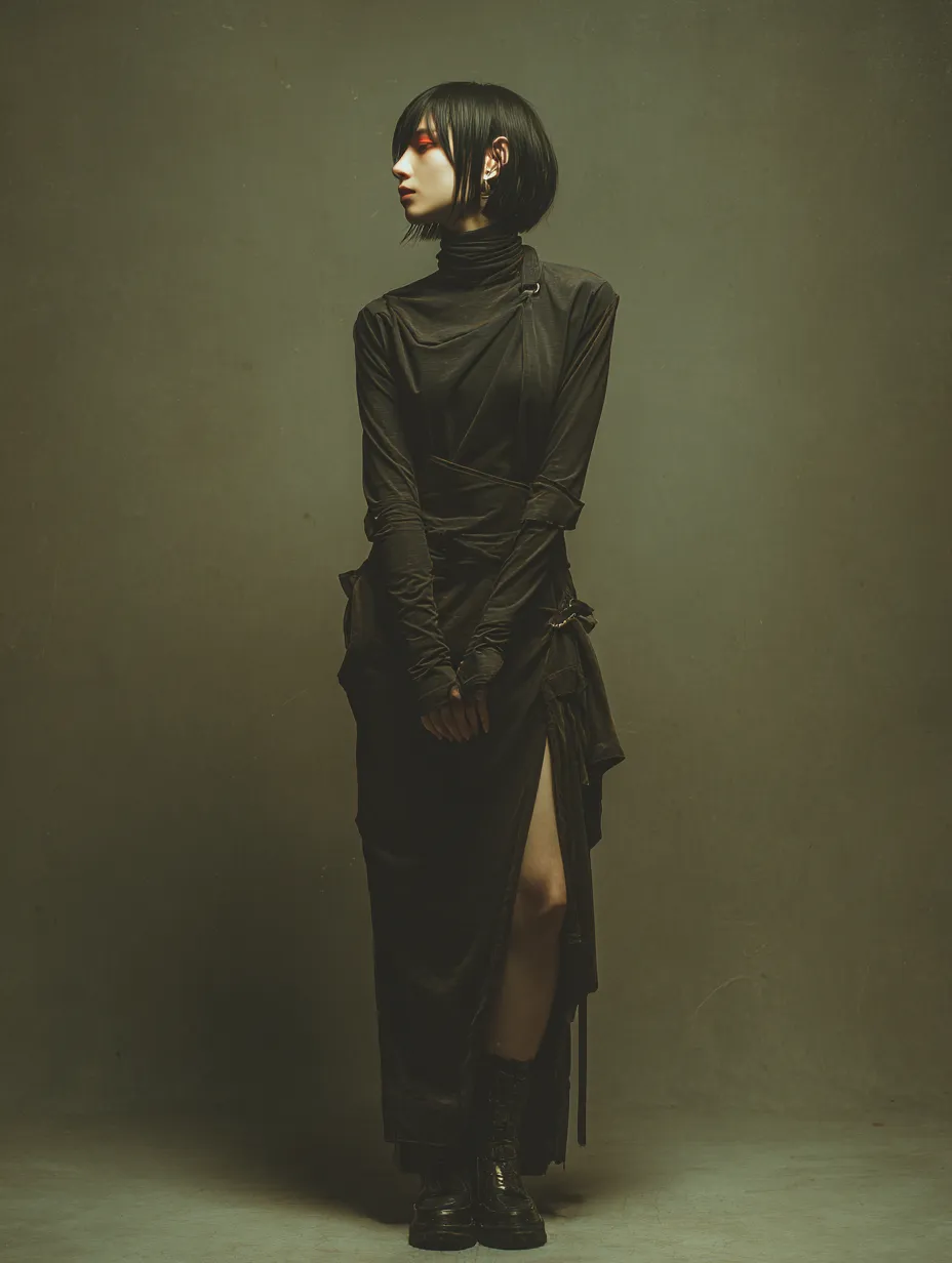 黒い衣装で直立する短髪の人物