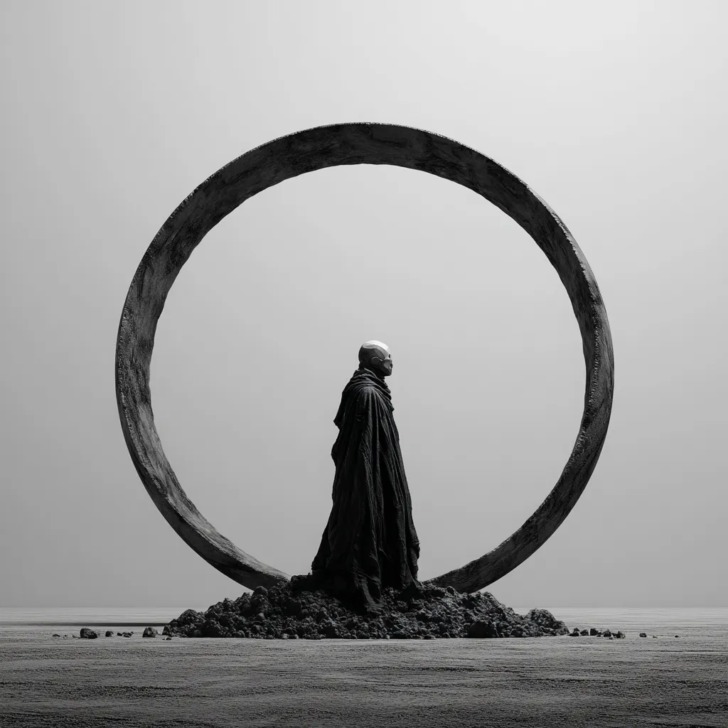 巨大な黒い円環の前に立つ黒衣の人物