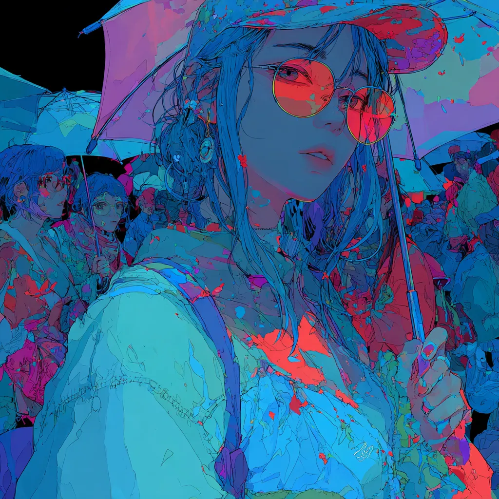 青と赤のネオンに照らされた雨傘の人物