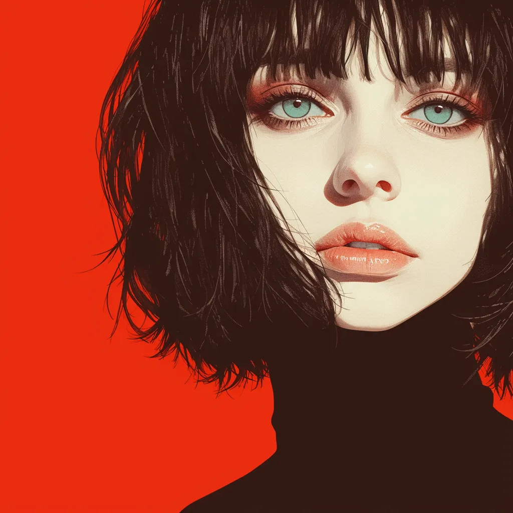 赤い背景に黒髪と青緑の瞳の顔を大きく描く
