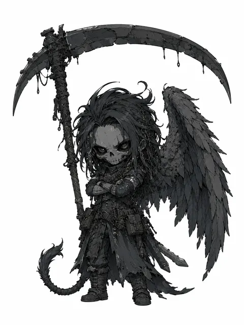 大きな鎌を持つ白黒の小さな死神