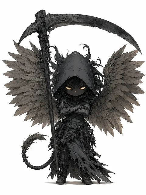 黒い翼と鎌を持つ小さな堕天使