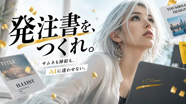 女性の横顔と「発注書をつくれ」の文字