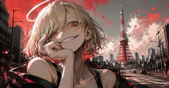 赤い塔を背景にした白髪の少女