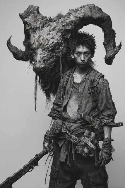 巨大な角と武器を背負うモノクロの戦士