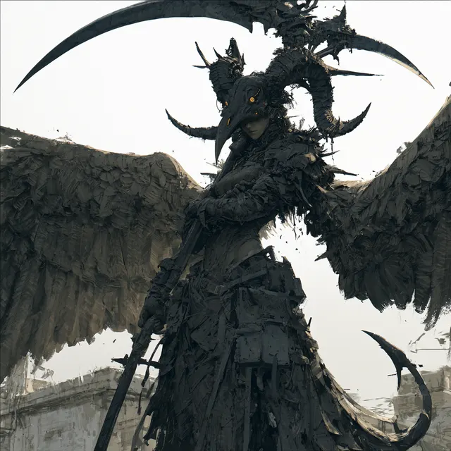 巨大な黒い翼と鎌を持つ死神