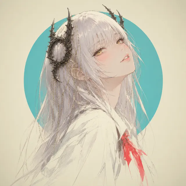 白髪と黒い装飾をまとったキャラクターが振り返る