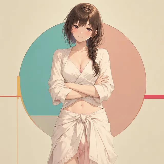淡い円形背景の前で白い服の女性が腕を組む