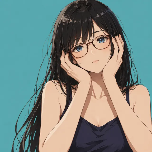 眼鏡をかけた黒髪の女性が青い背景で頬に手を添える