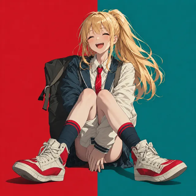 制服姿の金髪の女性キャラクターが笑顔で座る