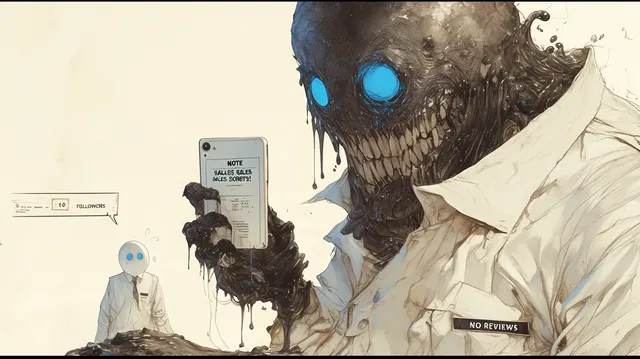 黒い怪物がスマートフォン画面を見せる