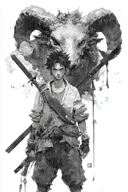 黒い獣の影を背負う刀を持った戦士