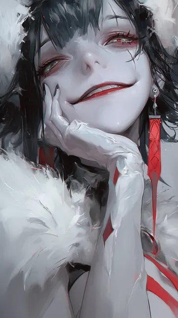 白黒の髪と赤い目を持つ笑う人物