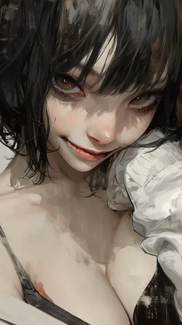 黒髪と赤い目を持つ笑う女性