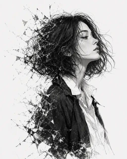 墨線とにじみで描かれた女性の横顔