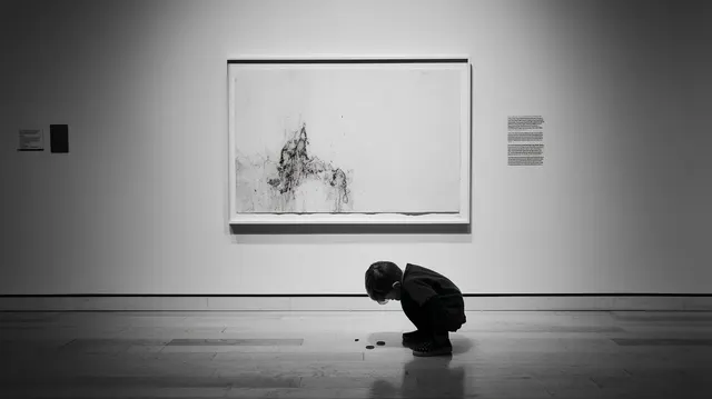 大きな額装作品の前でしゃがむ鑑賞者