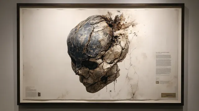 美術館に展示された石の頭部の額装作品