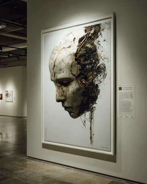 半分が崩れた顔を展示する美術館の壁