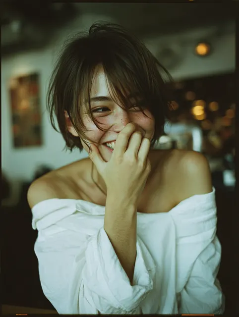 白い服で口元を隠して笑う若い女性