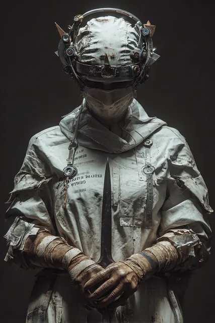 白い拘束衣と閉じたヘルメットを着た人物