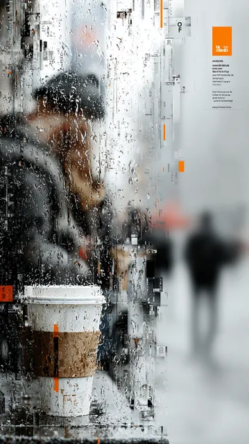 雨粒のついた窓とぼやけたテイクアウトカップ