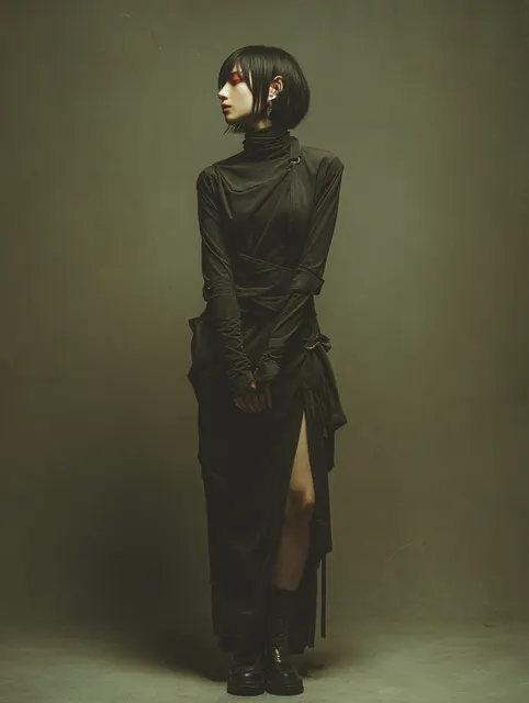 黒い衣装で直立する短髪の人物