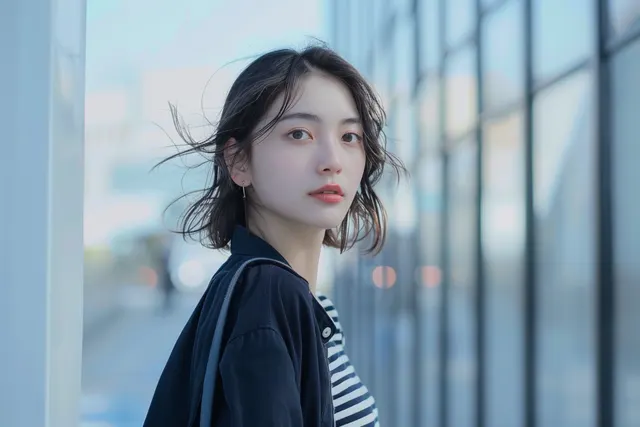 明るい通路で振り返る若い女性