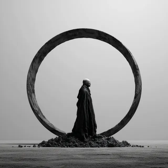 巨大な黒い円環の前に立つ黒衣の人物