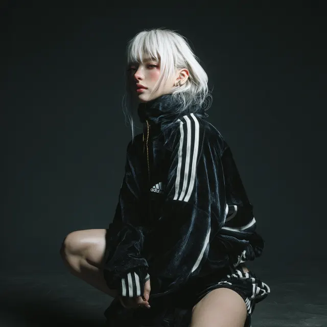 黒いスポーツウェアを着て座る白髪の女性
