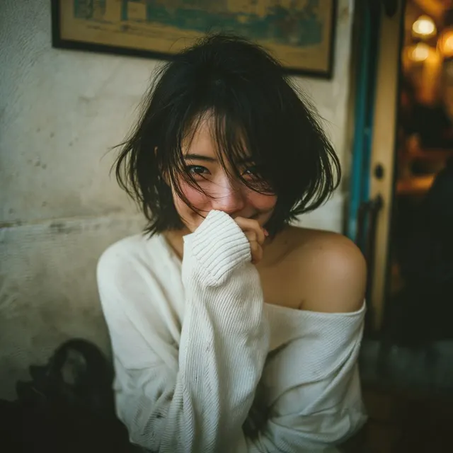 白いニットを口元に寄せて微笑む短い黒髪の女性