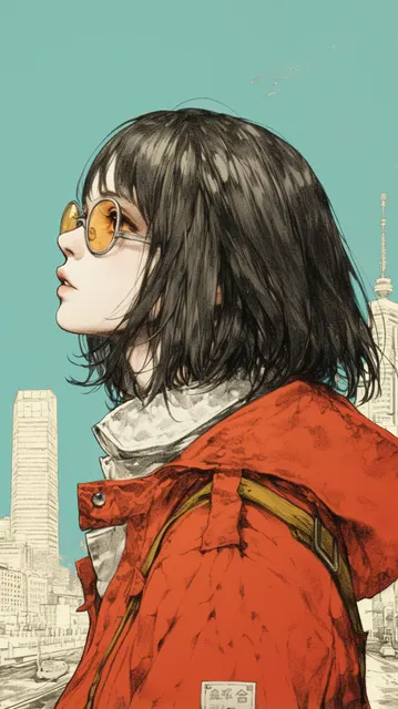 赤いフードと眼鏡の人物が都市を背に立つ