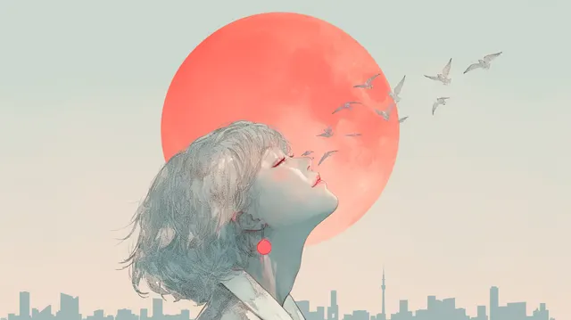 白髪の人物が赤い太陽へ顔を向ける横顔
