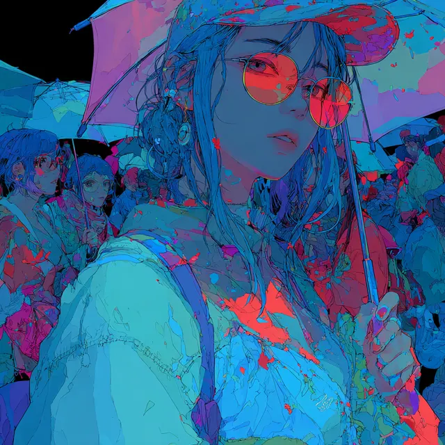 青と赤のネオンに照らされた雨傘の人物