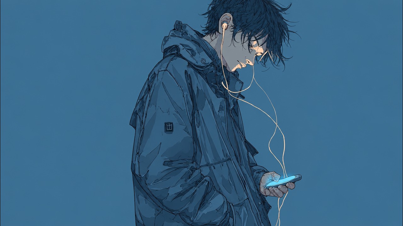 青い背景でイヤホンをつけスマートフォンを見る人物